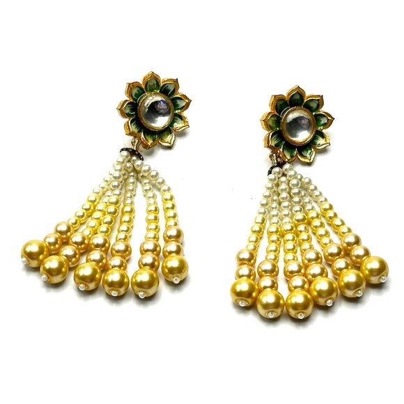 Vintage Indian Meenakari Pearl Tassel Earrings & Kundan Ring—Statement Set—EUC - Picture 3 of 14